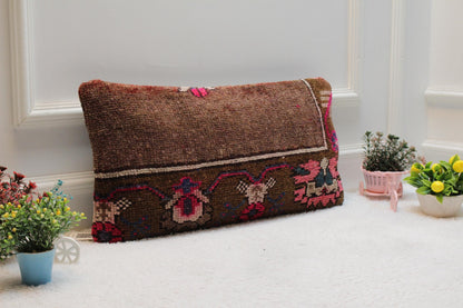 Handmade Kilim Pillow Cover: Upcycled Woven Rug, Brown & Pink (12x24 inc)