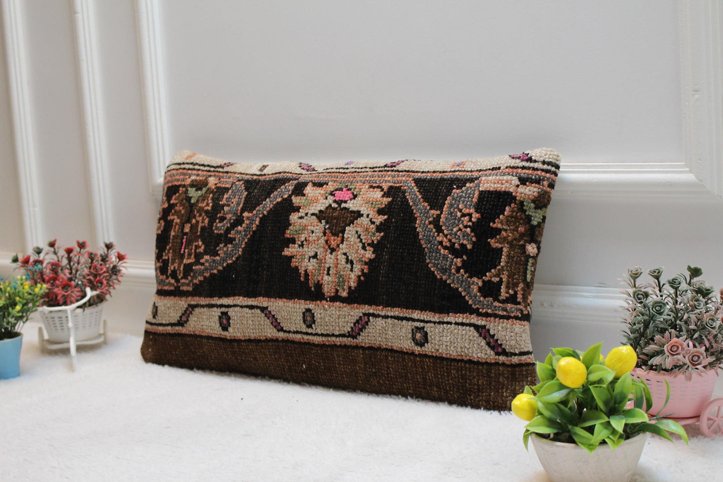 Handmade Kilim Lumbar Pillow Cover: Black Woven Rug, 12x24 inc