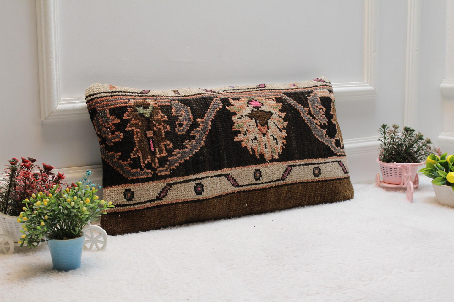 Handmade Kilim Lumbar Pillow Cover: Black Woven Rug, 12x24 inc