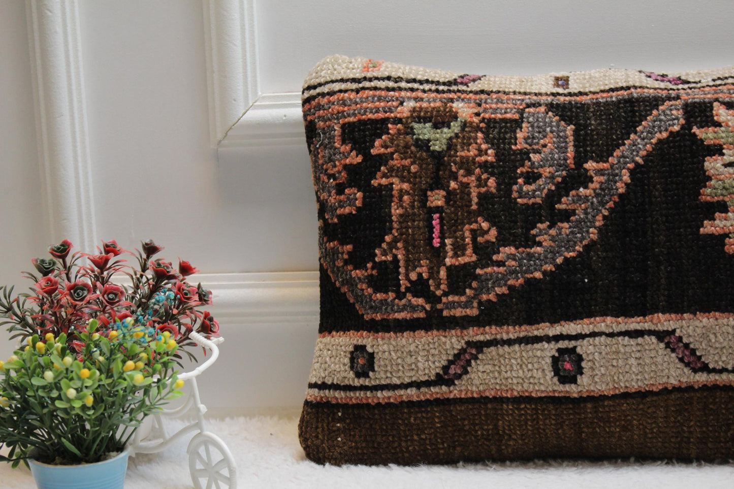 Handmade Kilim Lumbar Pillow Cover: Black Woven Rug, 12x24 inc