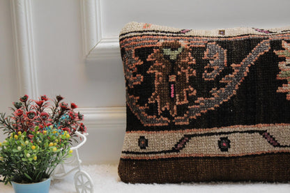 Handmade Kilim Lumbar Pillow Cover: Black Woven Rug, 12x24 inc