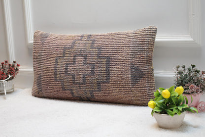 Boho Lumbar Pillow Cover: Pink Turkish Rug, Organic Wool (12x24 in)