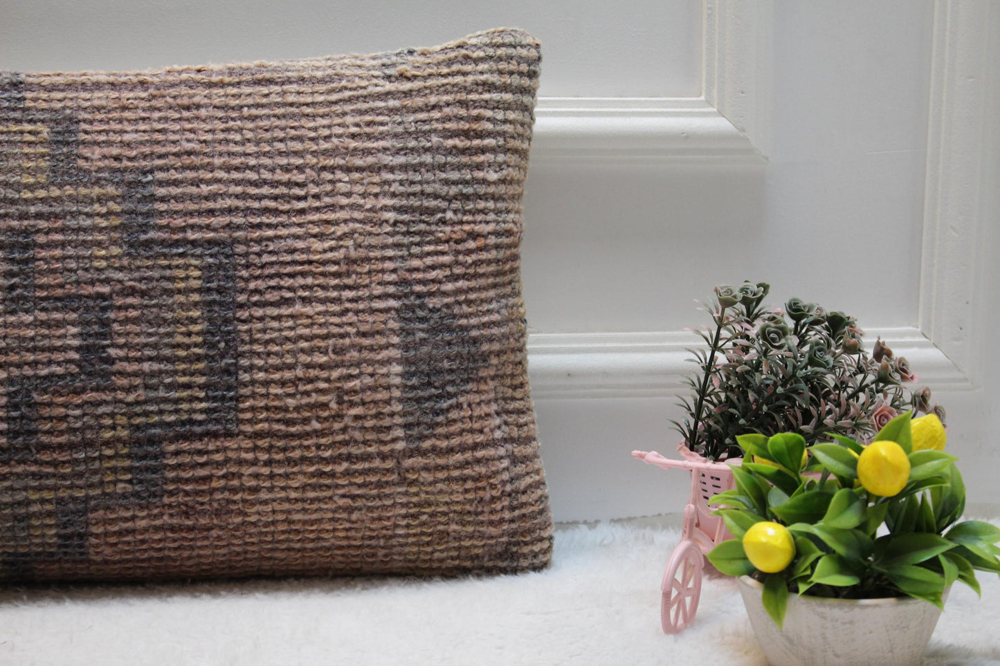 Boho Lumbar Pillow Cover: Pink Turkish Rug, Organic Wool (12x24 in)