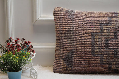 Boho Lumbar Pillow Cover: Pink Turkish Rug, Organic Wool (12x24 in)