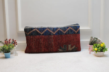 Vintage Turkish Kilim Pillow Cover: Red and Blue Woven Wool, 12x24 inch