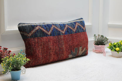 Vintage Turkish Kilim Pillow Cover: Red and Blue Woven Wool, 12x24 inch