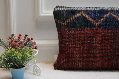 Vintage Turkish Kilim Pillow Cover: Red and Blue Woven Wool, 12x24 inch