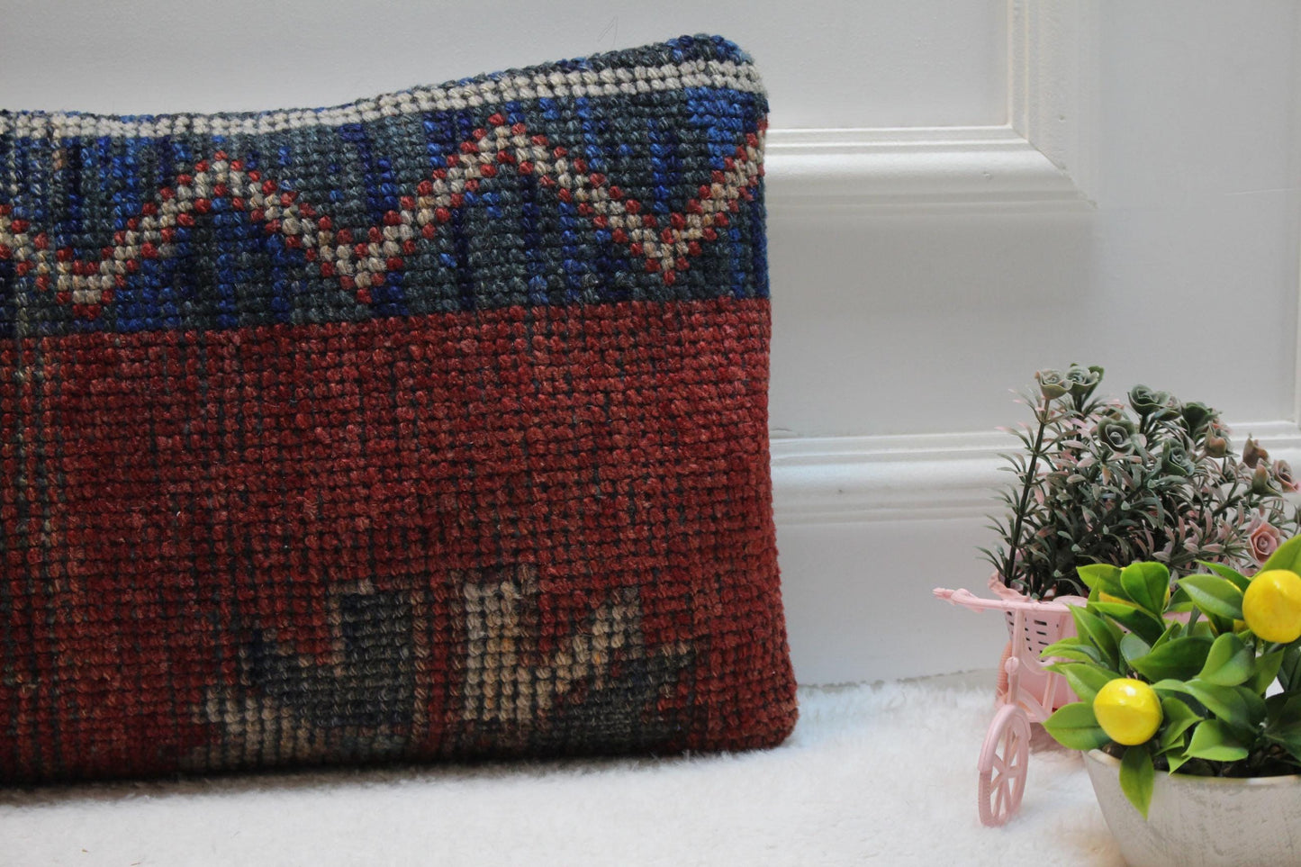 Vintage Turkish Kilim Pillow Cover: Red and Blue Woven Wool, 12x24 inch
