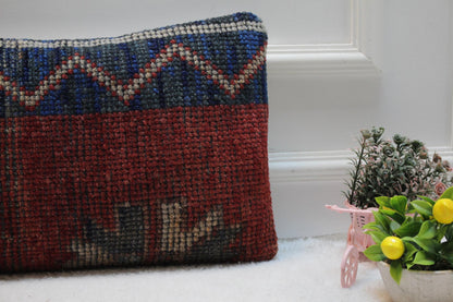 Vintage Turkish Kilim Pillow Cover: Red and Blue Woven Wool, 12x24 inch
