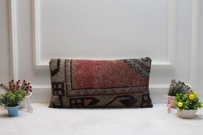 Handmade Turkish Rug Lumbar Pillow Cover: Upcycled Wool, 12x24 inch