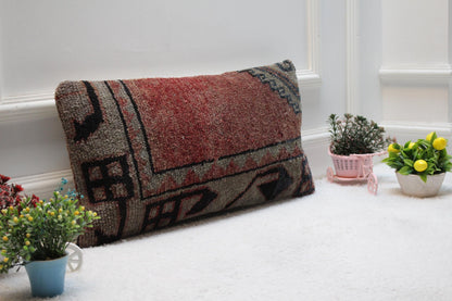 Handmade Turkish Rug Lumbar Pillow Cover: Upcycled Wool, 12x24 inch