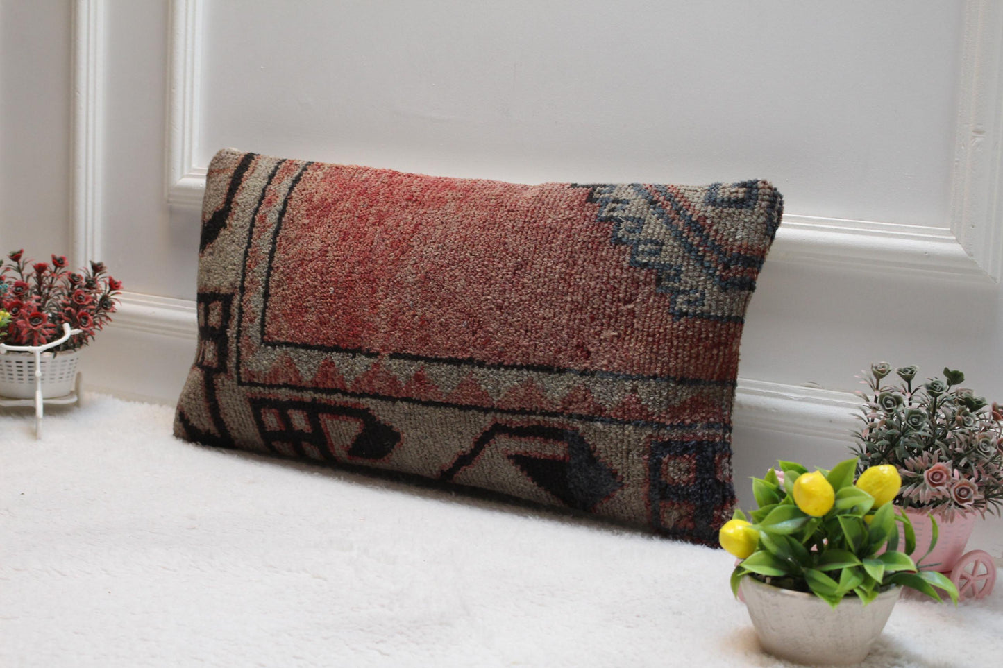 Handmade Turkish Rug Lumbar Pillow Cover: Upcycled Wool, 12x24 inch