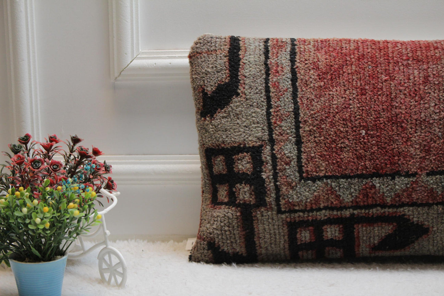 Handmade Turkish Rug Lumbar Pillow Cover: Upcycled Wool, 12x24 inch