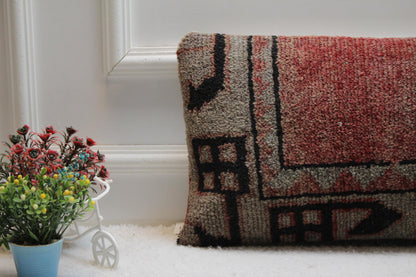 Handmade Turkish Rug Lumbar Pillow Cover: Upcycled Wool, 12x24 inch