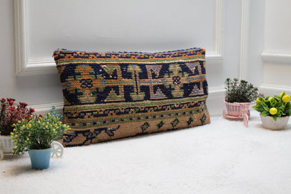 Geometric Kilim Lumbar Pillow Cover: Vintage Turkish Rug, 12x24 inch