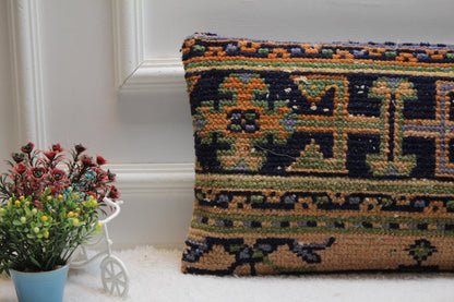 Geometric Kilim Lumbar Pillow Cover: Vintage Turkish Rug, 12x24 inch