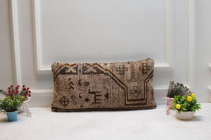 Vintage Turkish Rug Lumbar Pillow Cover: Brown Anatolian Design, 12x24 inch