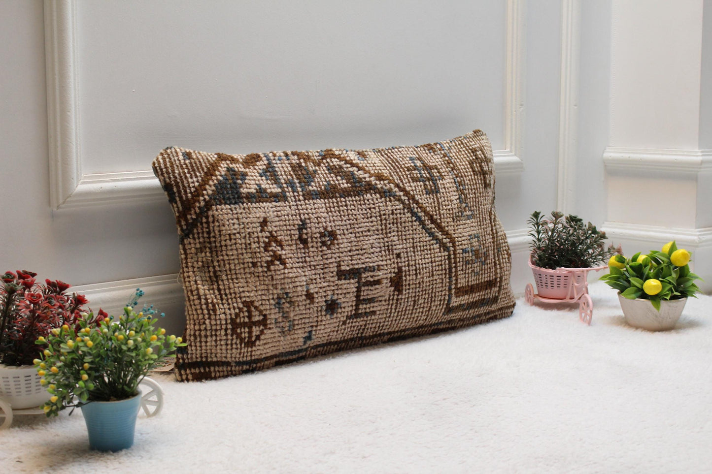 Vintage Turkish Rug Lumbar Pillow Cover: Brown Anatolian Design, 12x24 inch
