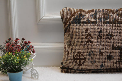 Vintage Turkish Rug Lumbar Pillow Cover: Brown Anatolian Design, 12x24 inch