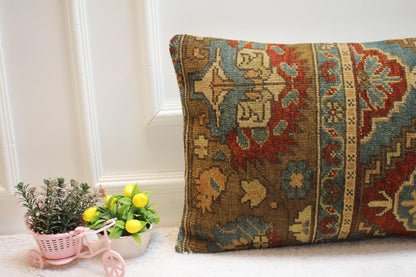 Floral Lumbar Pillow Cover: Handmade Turkish Rug, Organic Wool (16x24in)