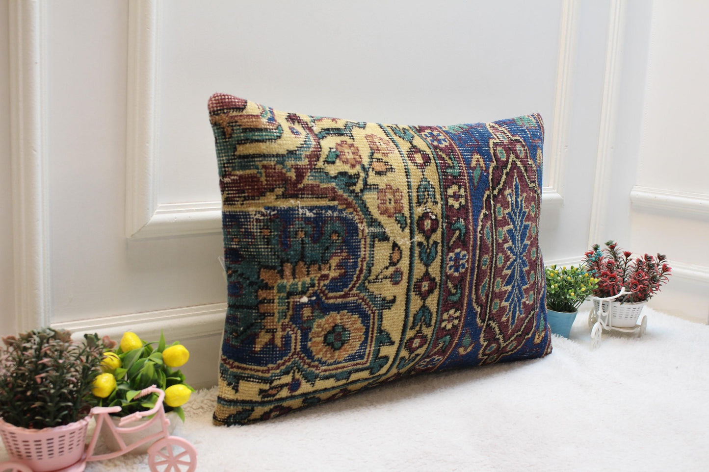 Vintage Turkish Rug Lumbar Pillow: 16x24 Wool Kilim Pillow Cover