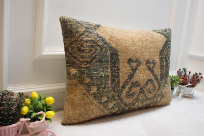 Handmade Turkish Rug Lumbar Pillow Cover: Organic Wool, Beige & Green (16x24 in)
