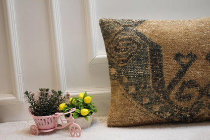 Handmade Turkish Rug Lumbar Pillow Cover: Organic Wool, Beige & Green (16x24 in)