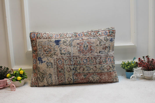 Vintage Turkish Rug Lumbar Pillow Cover: Upcycled Kilim Pillow Case (16x24 in)