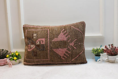 Handmade Turkish Kilim Lumbar Pillow Cover: Brown & Pink Rug Pillow (16x24 in)
