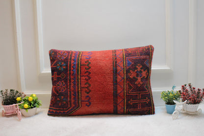 Red Turkish Rug Lumbar Pillow Cover: Vintage Woven Kilim, 16x24 inch
