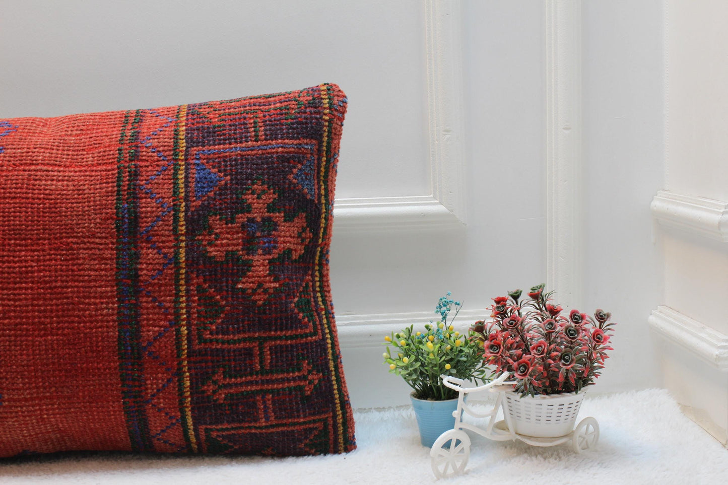 Red Turkish Rug Lumbar Pillow Cover: Vintage Woven Kilim, 16x24 inch