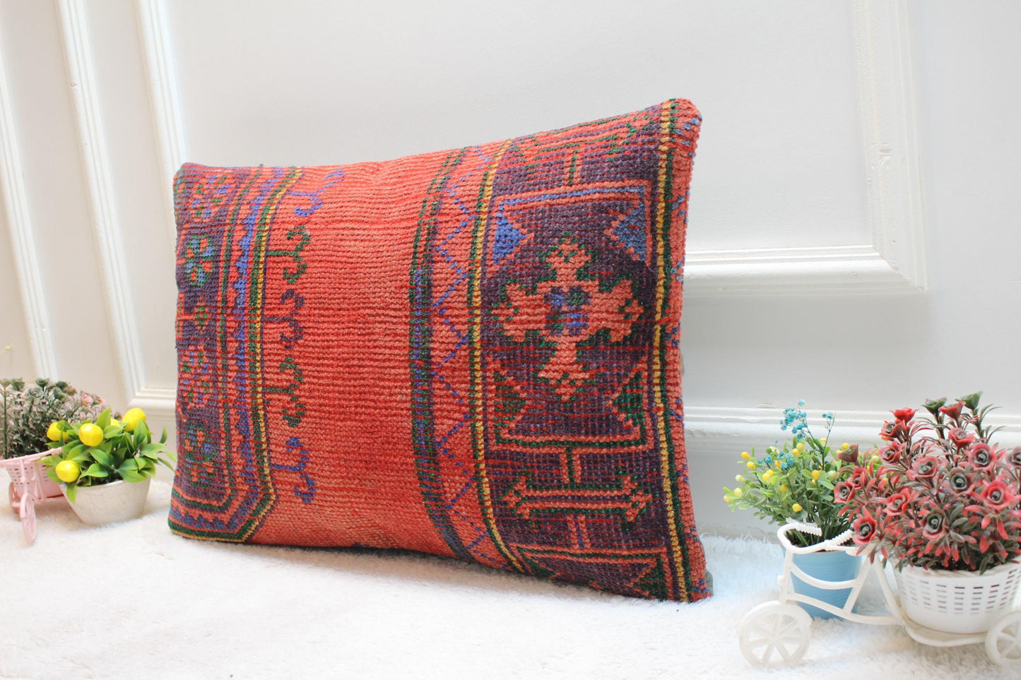Red Turkish Rug Lumbar Pillow Cover: Vintage Woven Kilim, 16x24 inch
