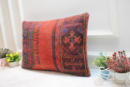 Red Turkish Rug Lumbar Pillow Cover: Vintage Woven Kilim, 16x24 inch