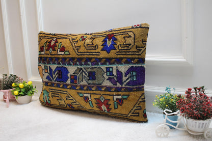 Handmade Kilim Pillow Cover: Beige & Blue Floral Rug Pillow (16x24 inc)