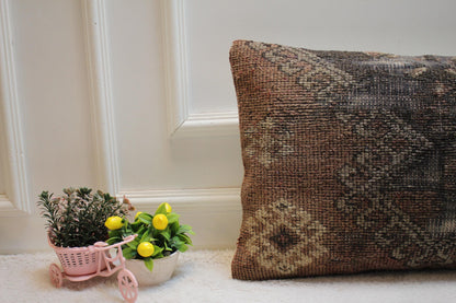 Handmade Wool Lumbar Pillow Cover: Red Brown Turkish Rug, 16x24 inch