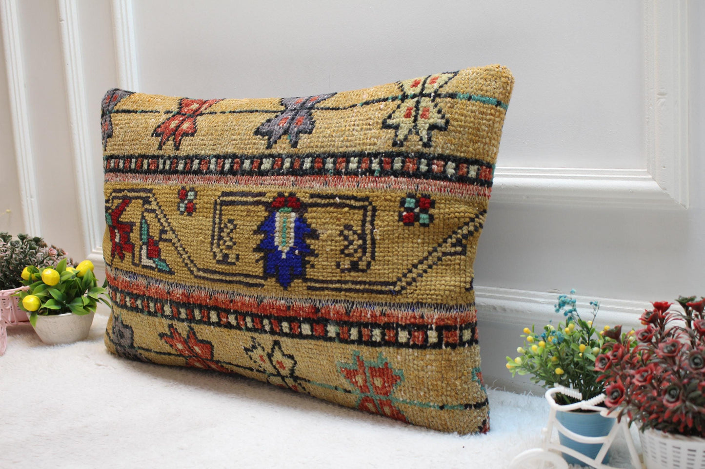Handmade Wool Lumbar Pillow Cover: Upcycled Anatolian Rug, 16x24 inch