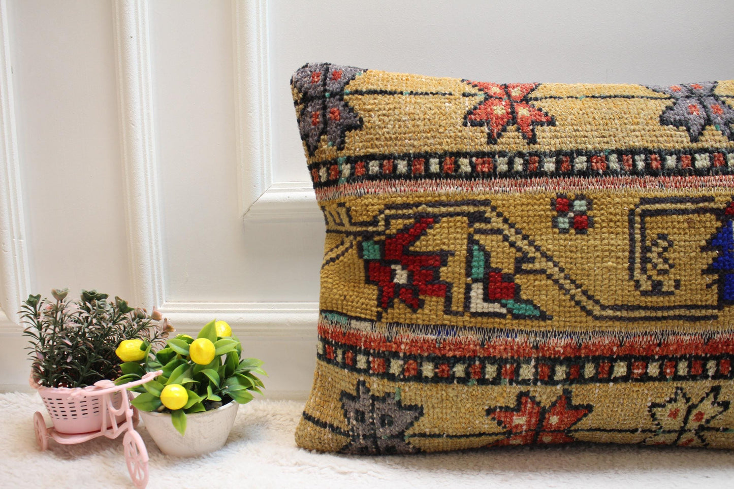 Handmade Wool Lumbar Pillow Cover: Upcycled Anatolian Rug, 16x24 inch