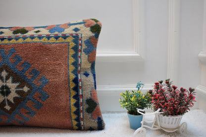 Geometric Kilim Lumbar Pillow Cover: Upcycled Woven Rug, 16x24 inch
