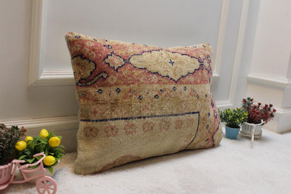 Vintage Turkish Rug Lumbar Pillow Cover: Organic Wool, 16x24 inch