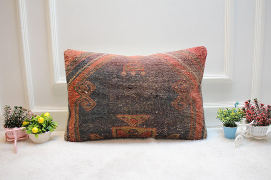 Handmade Turkish Kilim Lumbar Pillow Cover: Vintage Rug, 16x24 inch