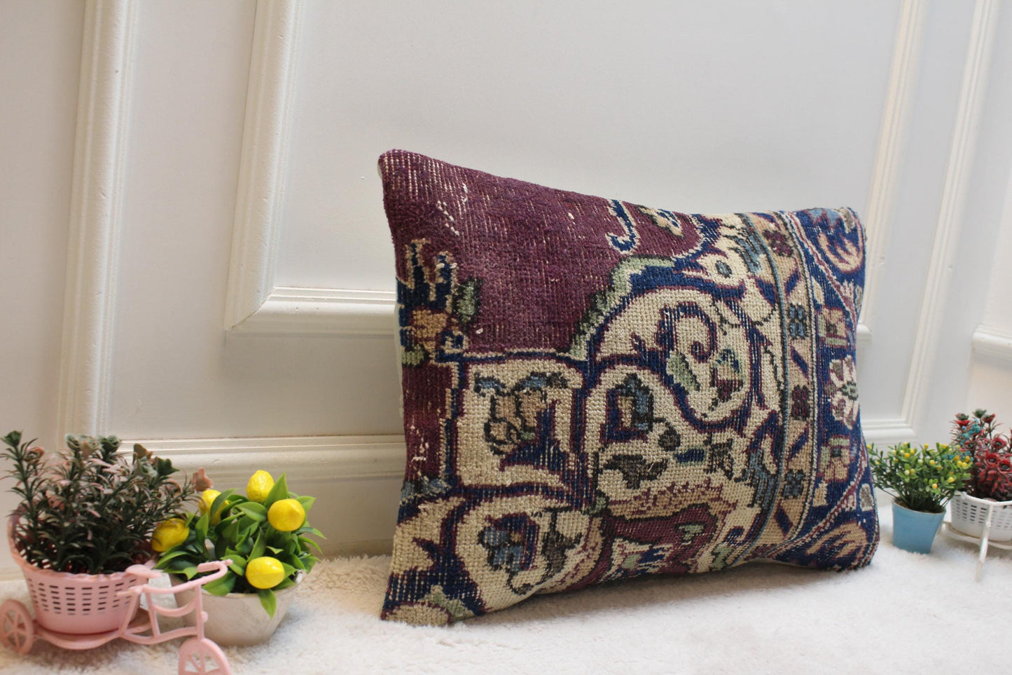 Purple Turkish Rug Lumbar Pillow: Vintage Woven Throw, 16x24 inch