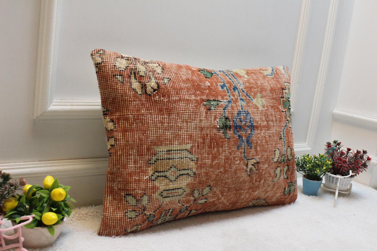 Handmade Turkish Rug Lumbar Pillow Cover: Upcycled Wool, 16x24 inch