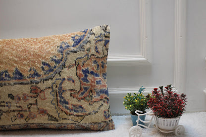 Handmade Turkish Rug Pillow Cover: Organic Wool Lumbar Pillow (16x24 in)