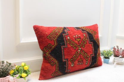 Handmade Wool Kilim Pillow Cover: Ethnic Anatolian Rug Pillow (16x24 in)