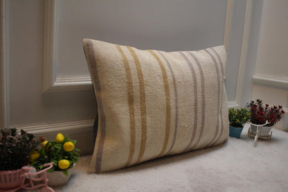 Handmade Kilim Lumbar Pillow Cover: Striped Woven Rug, 16x24 inch