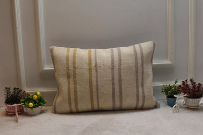 Handmade Kilim Lumbar Pillow Cover: Striped Woven Rug, 16x24 inch