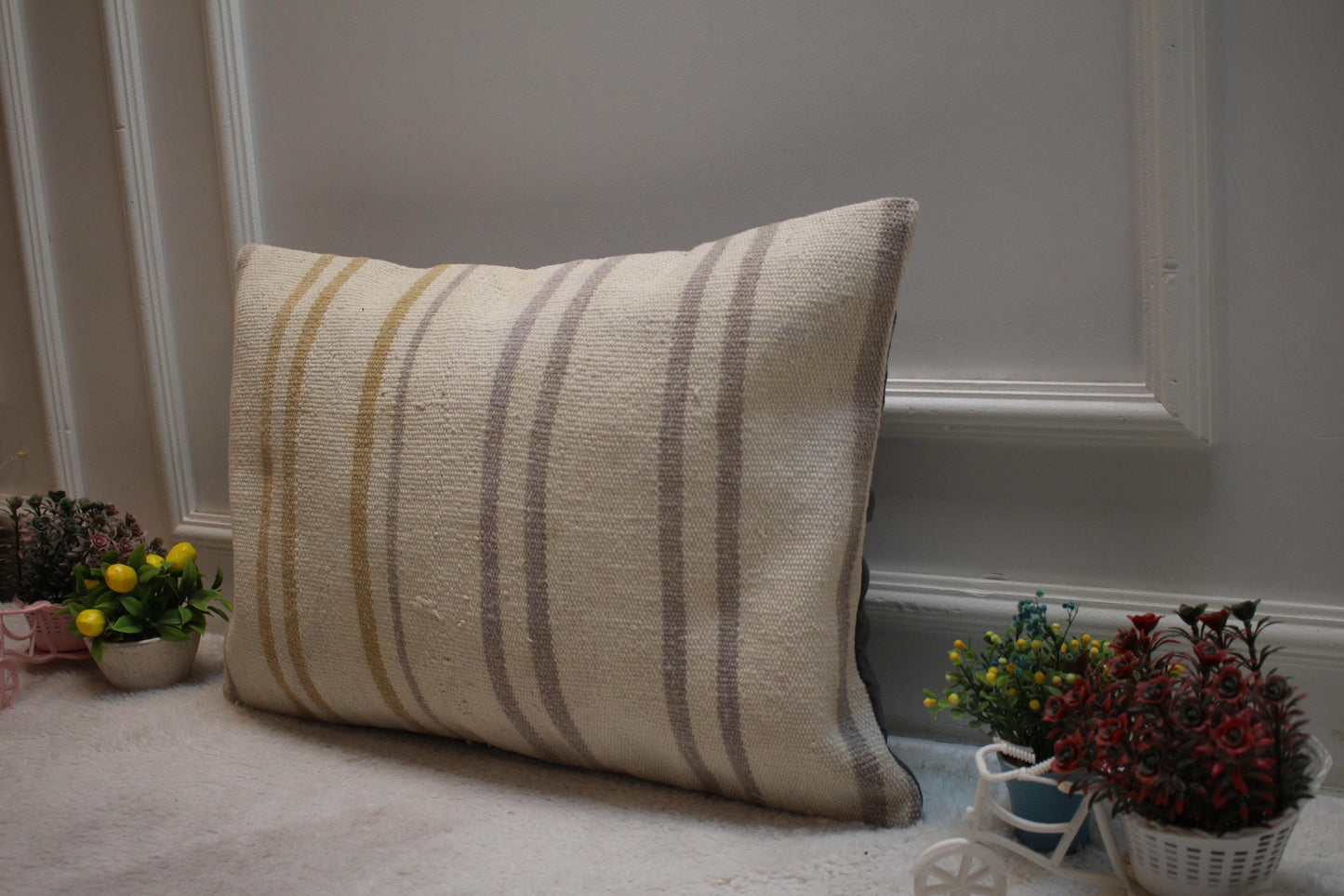 Handmade Kilim Lumbar Pillow Cover: Striped Woven Rug, 16x24 inch
