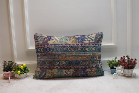 Handmade Kilim Lumbar Pillow Cover: Geometric Rug Pillow (16x24 inc)