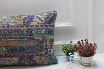 Handmade Kilim Lumbar Pillow Cover: Geometric Rug Pillow (16x24 inc)