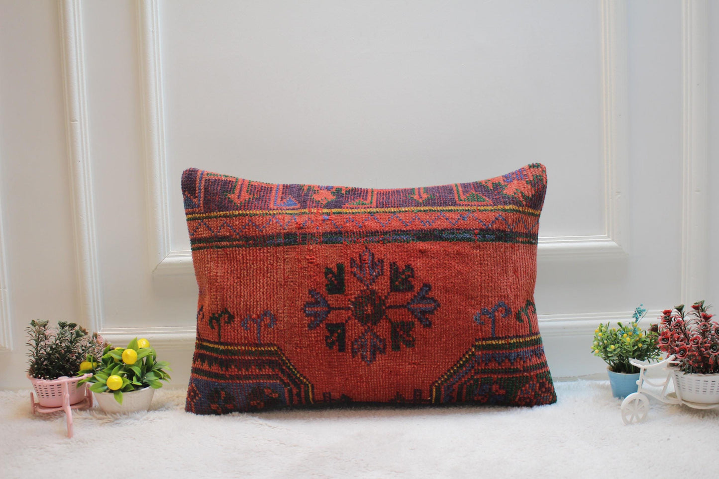 Handmade Red Kilim Pillow Cover: Upcycled Woven Rug (16x24 inc)